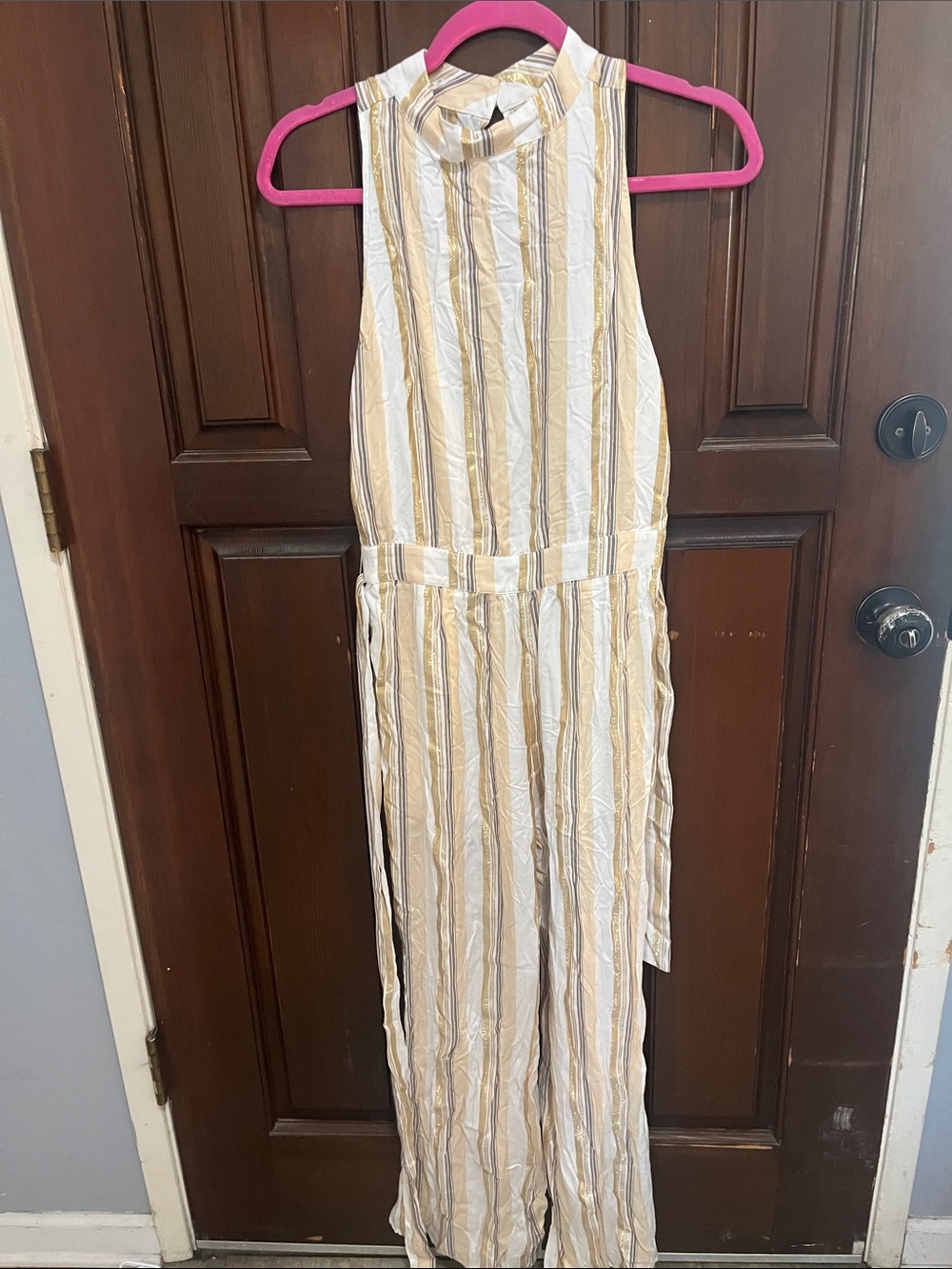 NWOT saltwater LUXE Striped Halter Jumpsuit in White, Beige and Gold